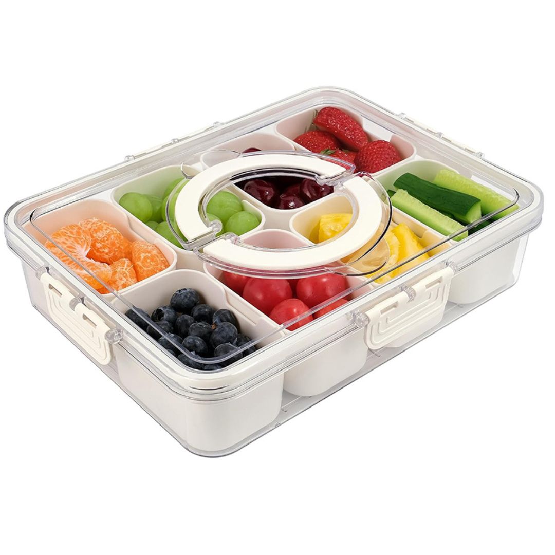 8 Compartment Divided Plastic Portable Snack Box With Lid & Handle