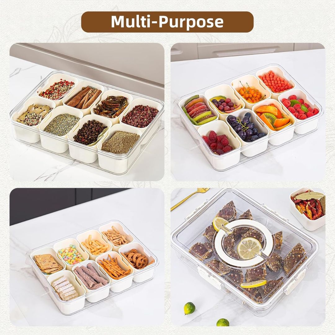 8 Compartment Divided Plastic Portable Snack Box With Lid & Handle