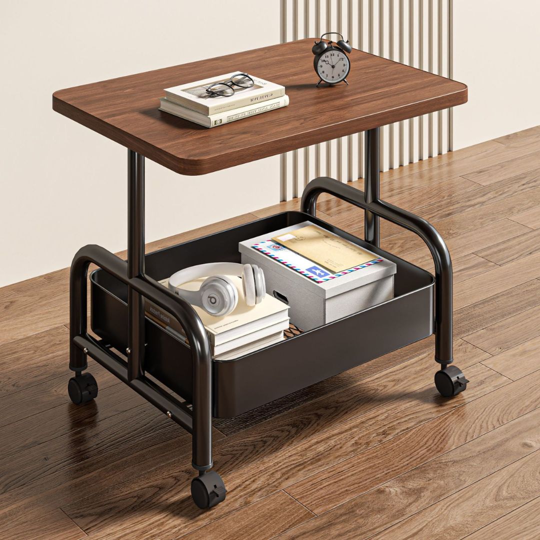 2-Tier Coffee Side Table Metal Frame With Wheels & Walnut Wood Top