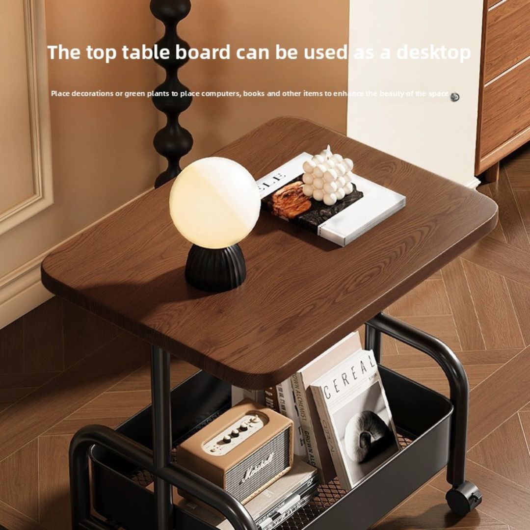 2-Tier Coffee Side Table Metal Frame With Wheels & Walnut Wood Top