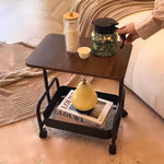 2-Tier Coffee Side Table Metal Frame With Wheels & Walnut Wood Top