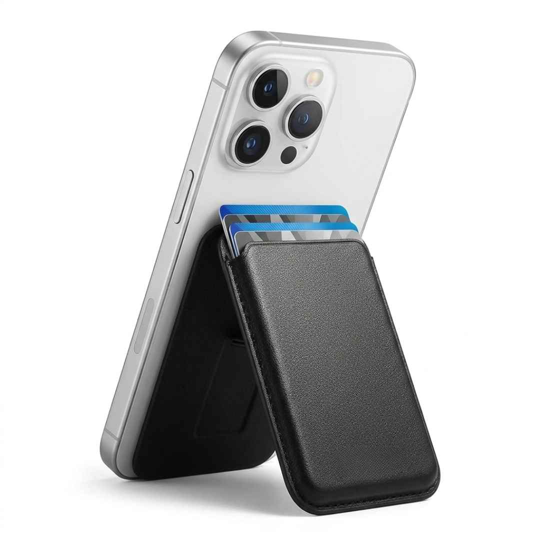 Mag-Safe Strong Magnetic RFID Leather Card Holder For All Phones With Stand