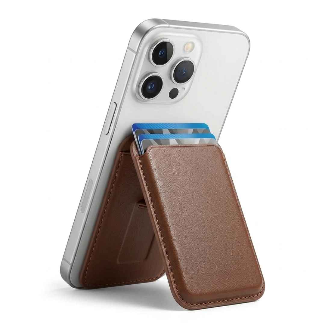 Mag-Safe Strong Magnetic RFID Leather Card Holder For All Phones With Stand