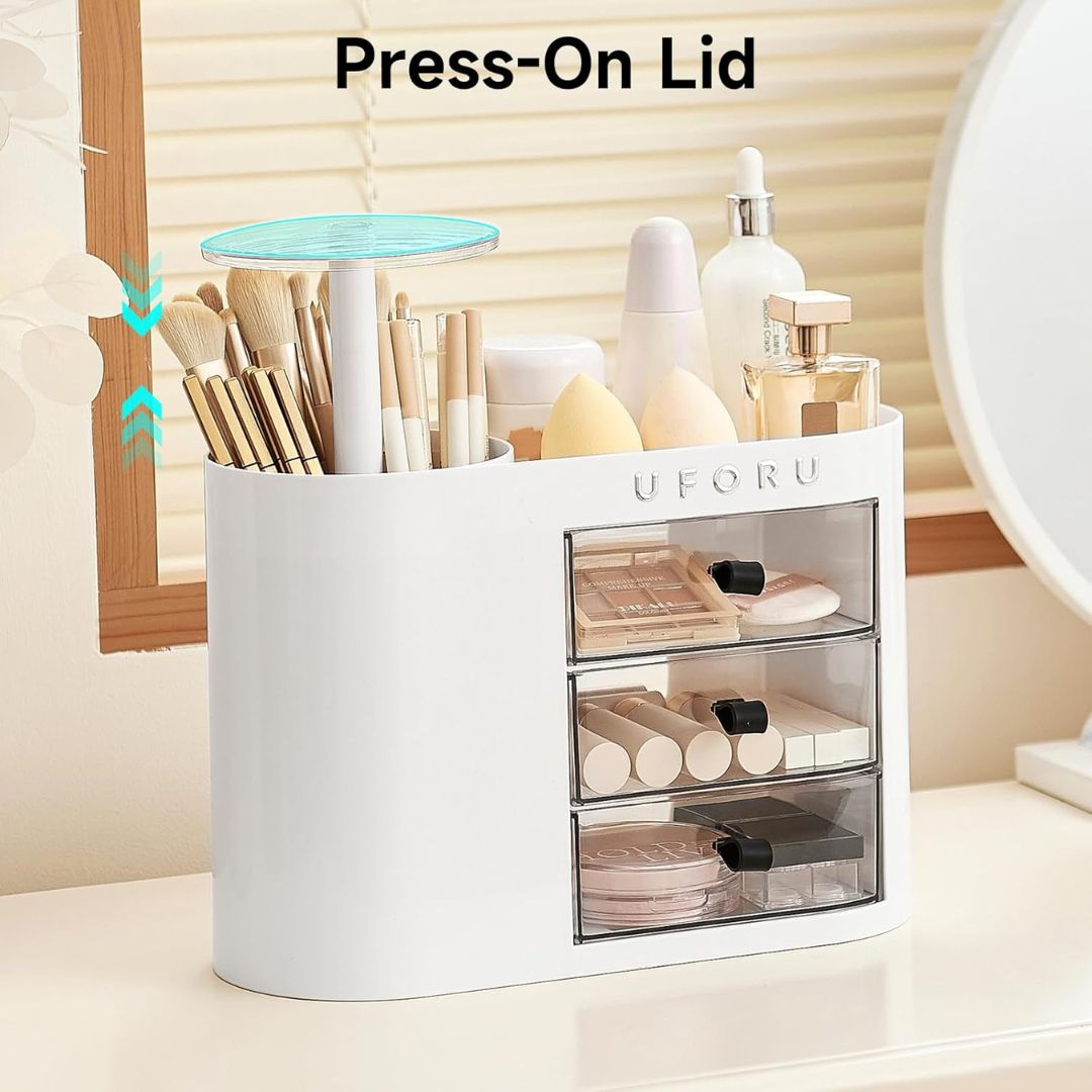 UFORU Makeup Organizer With Pop-Up Brush Holder And 3 Drawers