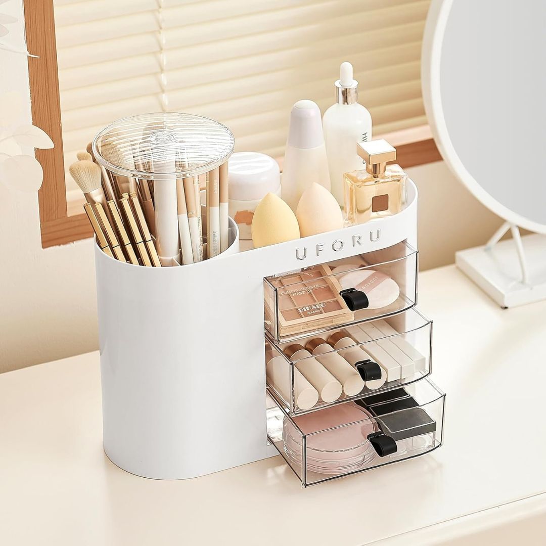 UFORU Makeup Organizer With Pop-Up Brush Holder And 3 Drawers