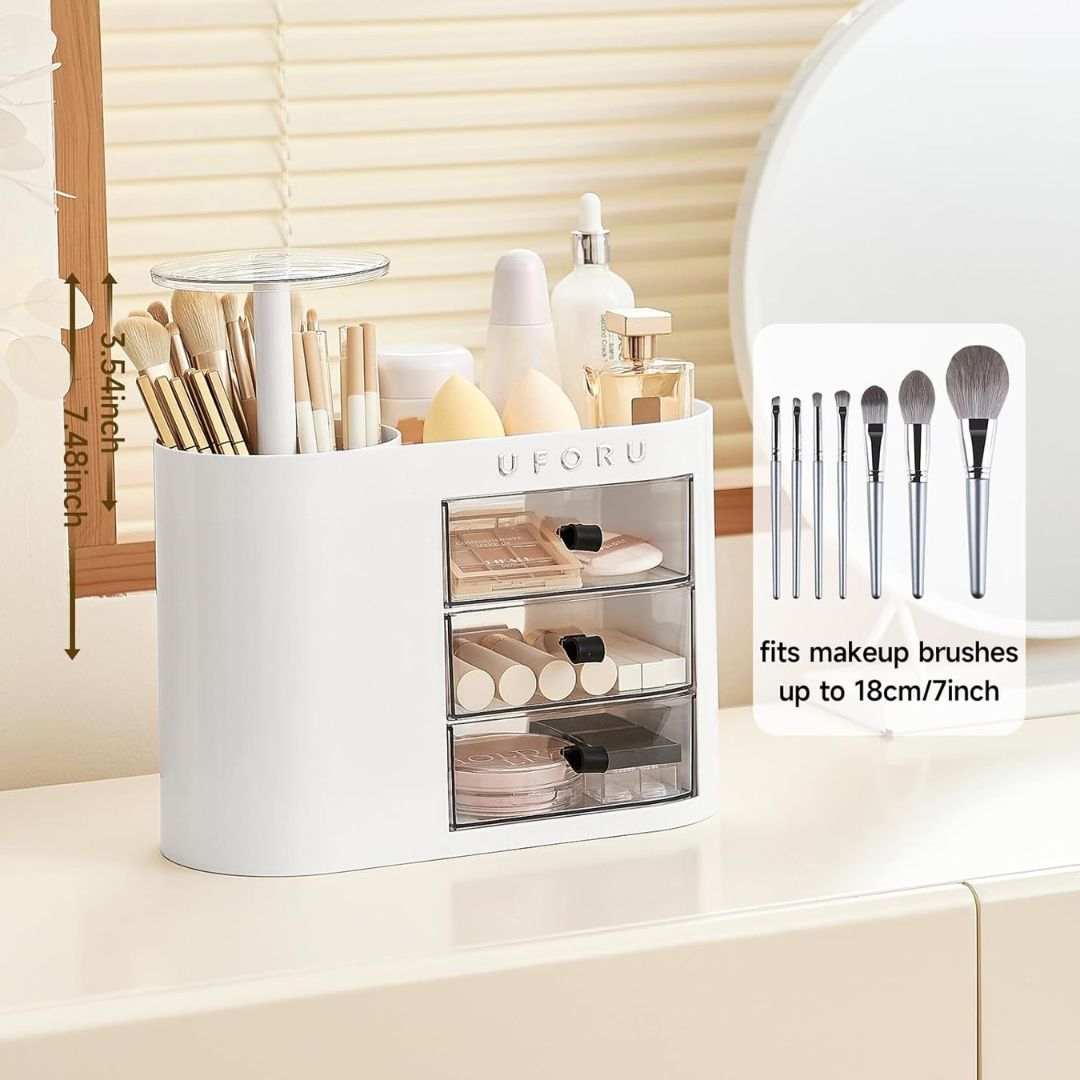 UFORU Makeup Organizer With Pop-Up Brush Holder And 3 Drawers
