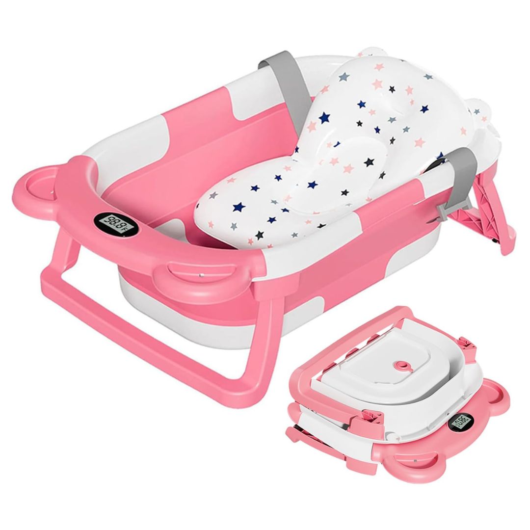 Collapsible Baby Bathtub For Newborn With Thermometer & 1 Soft Floating Cushion