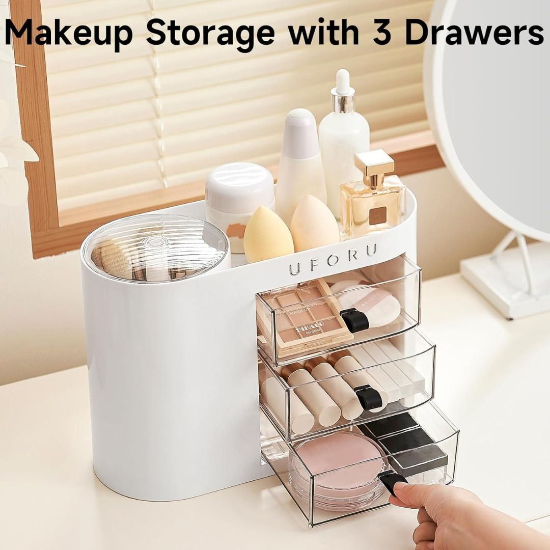 UFORU Makeup Organizer With Pop-Up Brush Holder And 3 Drawers