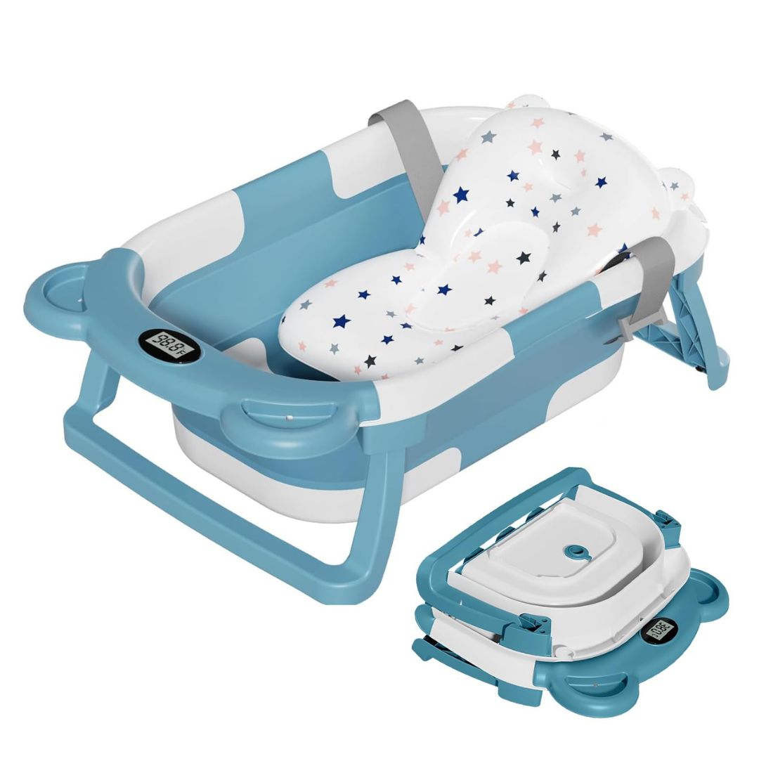 Collapsible Baby Bathtub For Newborn With Thermometer & 1 Soft Floating Cushion