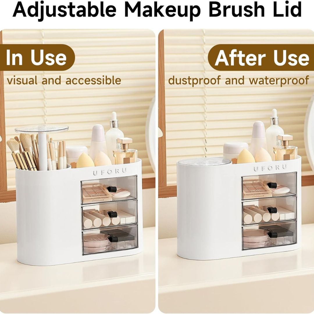 UFORU Makeup Organizer With Pop-Up Brush Holder And 3 Drawers