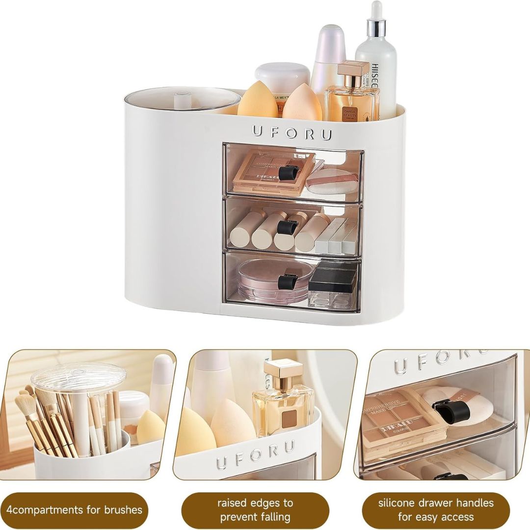 UFORU Makeup Organizer With Pop-Up Brush Holder And 3 Drawers