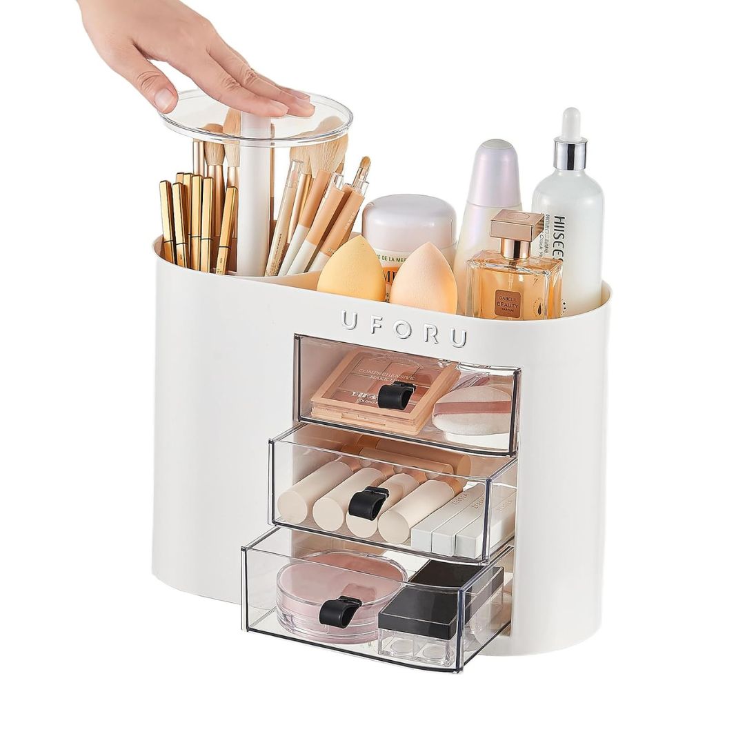 UFORU Makeup Organizer With Pop-Up Brush Holder And 3 Drawers