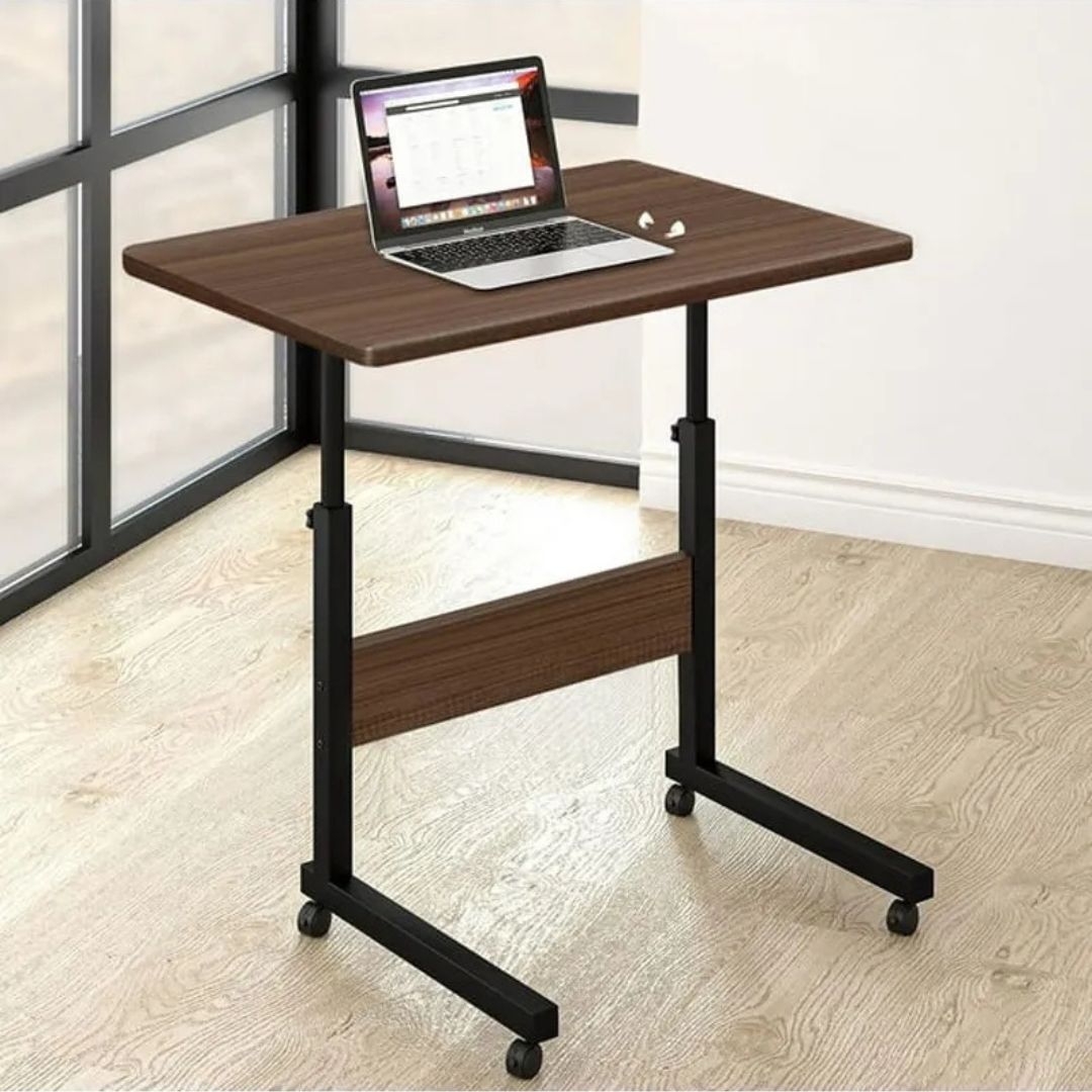 Height Adjustable Wooden Work Desk - Portable With Rolling Wheels & Metal Frame