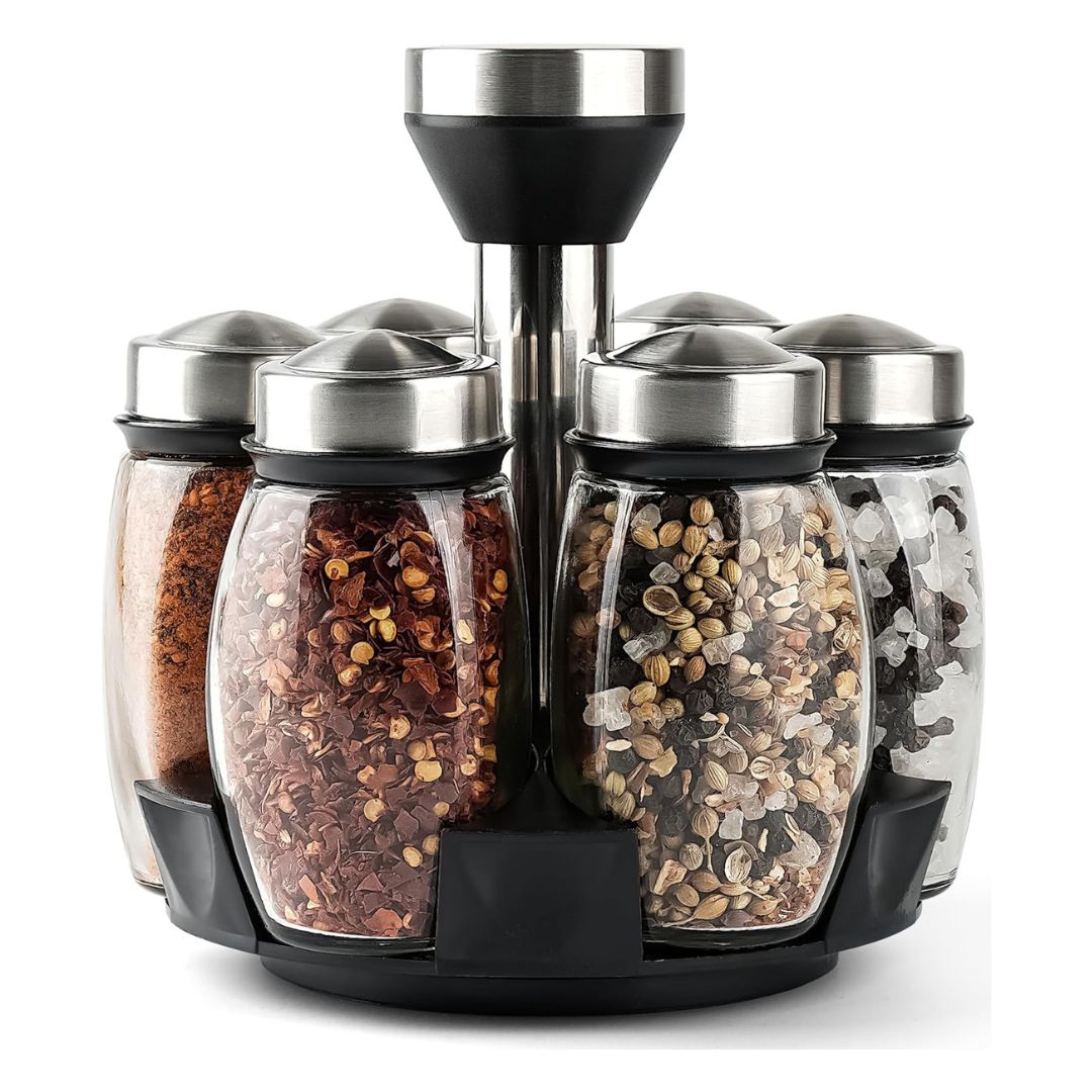 6PC Spinning Glass Spice Jars 360° Rotating Spice Rack Organizer With Jars