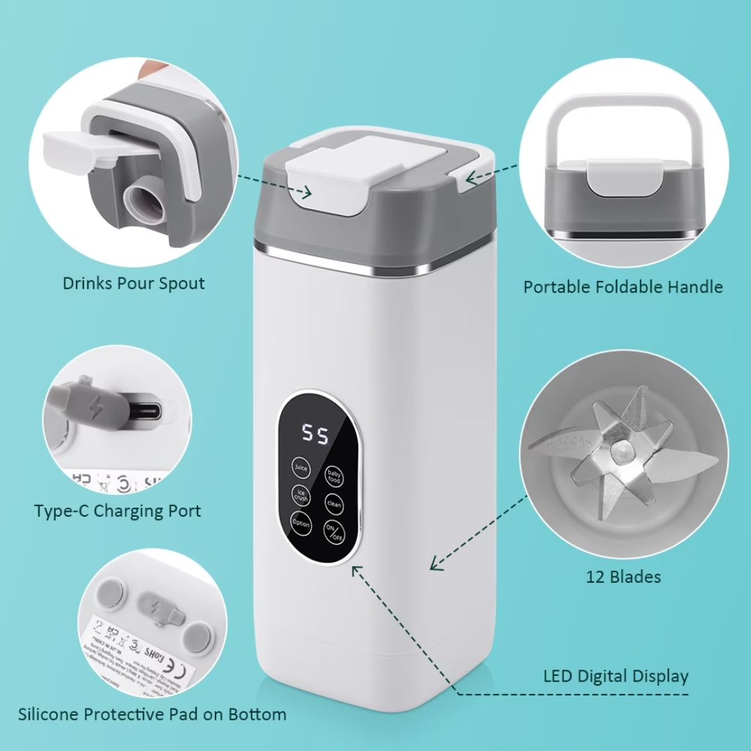 USB Rechargeable 420ml Portable Blender for Shakes & Smoothies With 12 Blades Digital LED Display And Handle Lid