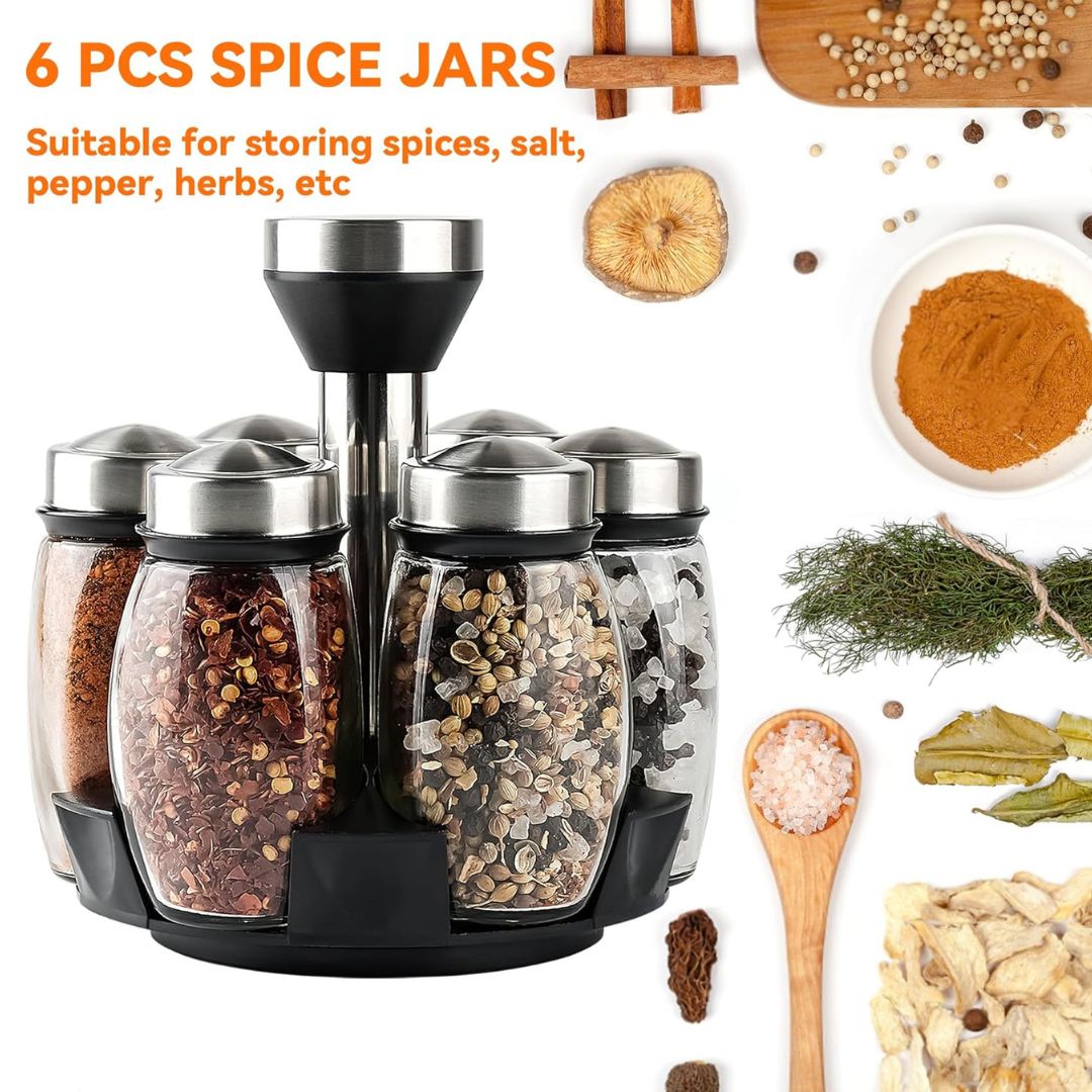 6PC Spinning Glass Spice Jars 360° Rotating Spice Rack Organizer With Jars