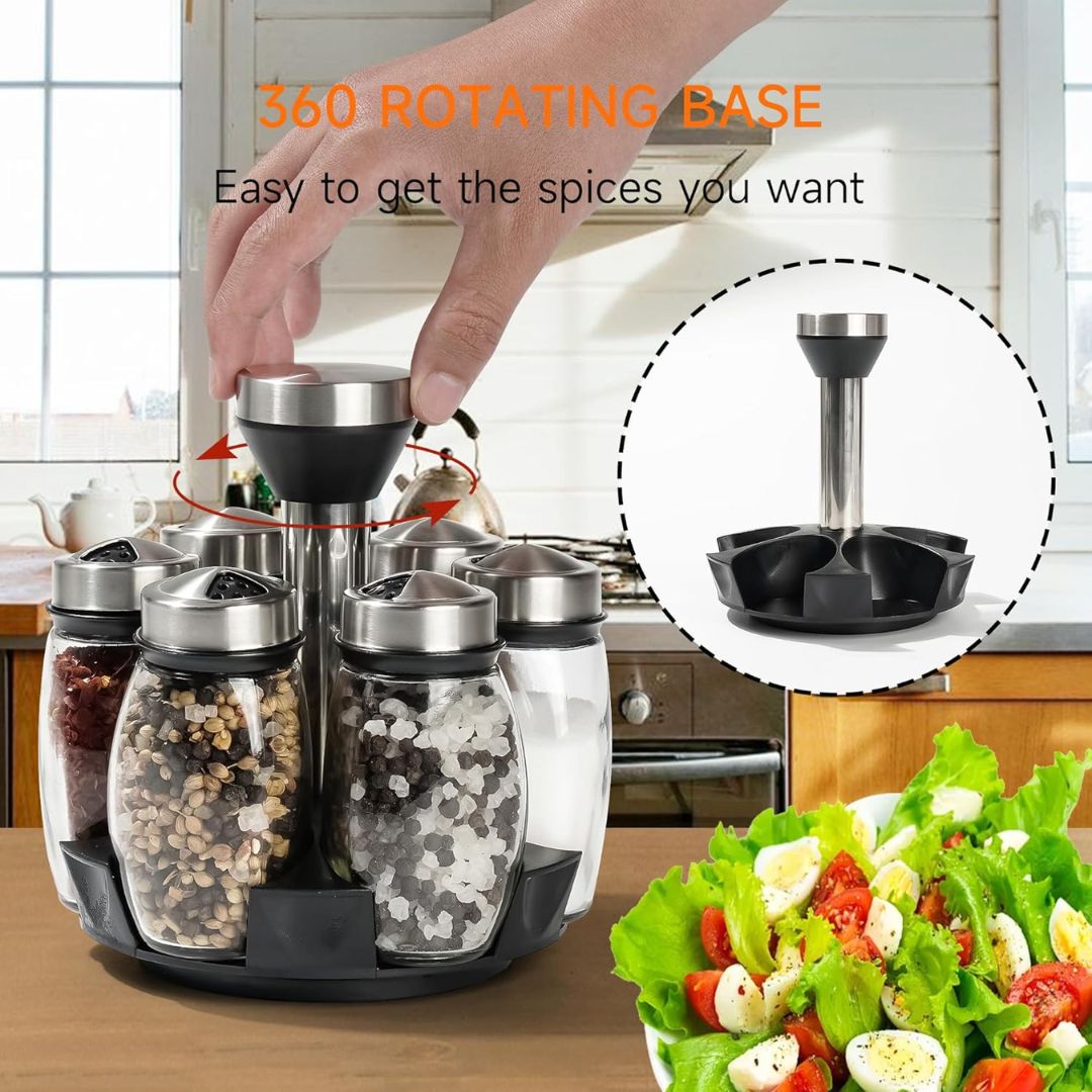 6PC Spinning Glass Spice Jars 360° Rotating Spice Rack Organizer With Jars