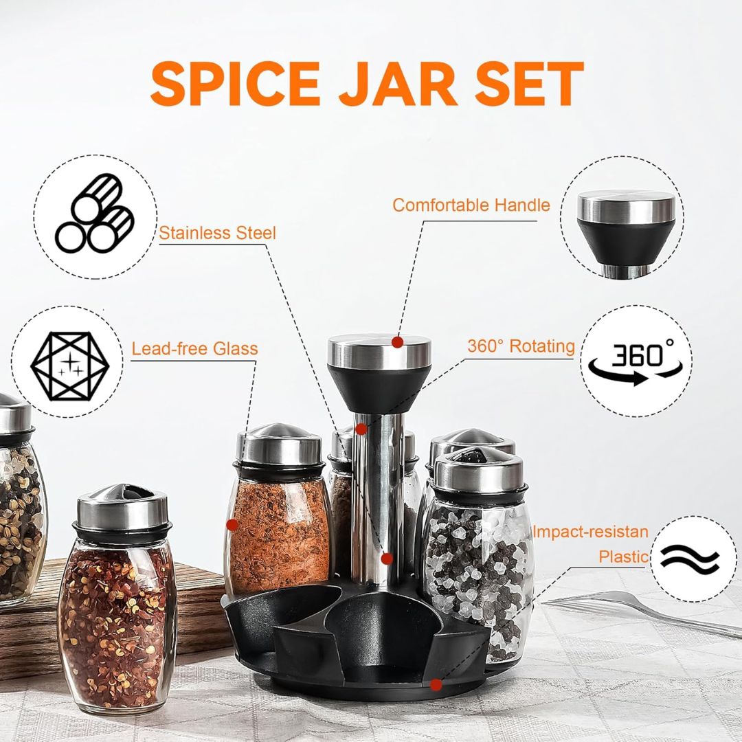 6PC Spinning Glass Spice Jars 360° Rotating Spice Rack Organizer With Jars