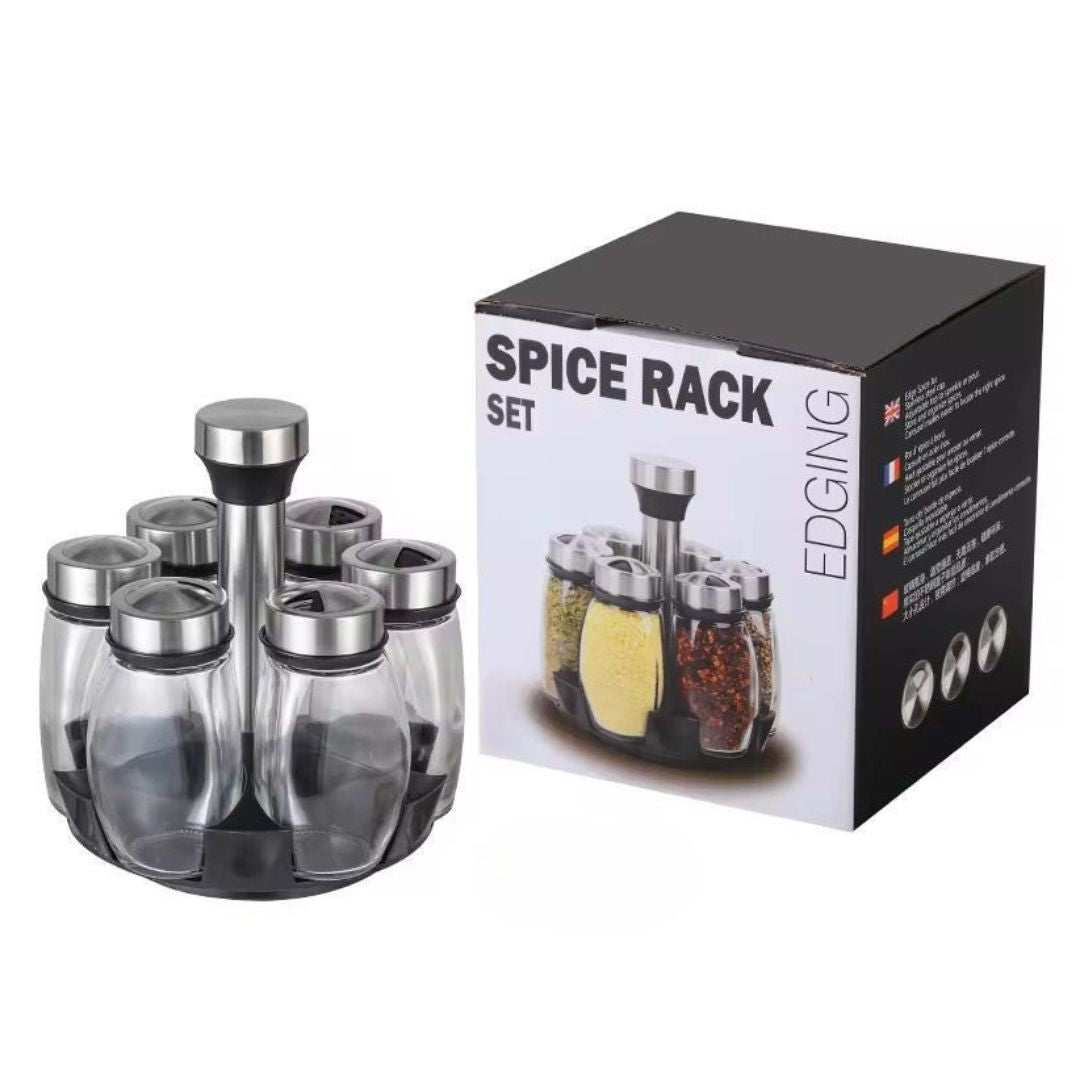 6PC Spinning Glass Spice Jars 360° Rotating Spice Rack Organizer With Jars