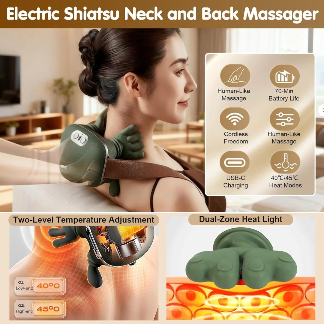 Neck & Shoulder Deep Tissue Massager With Heat-Wireless Simulated Human Hand Design