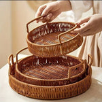 3PCS Hand-Woven Round Rattan Serving Tray with Handles - Rustic Wicker Basket