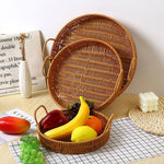 3PCS Hand-Woven Round Rattan Serving Tray with Handles - Rustic Wicker Basket
