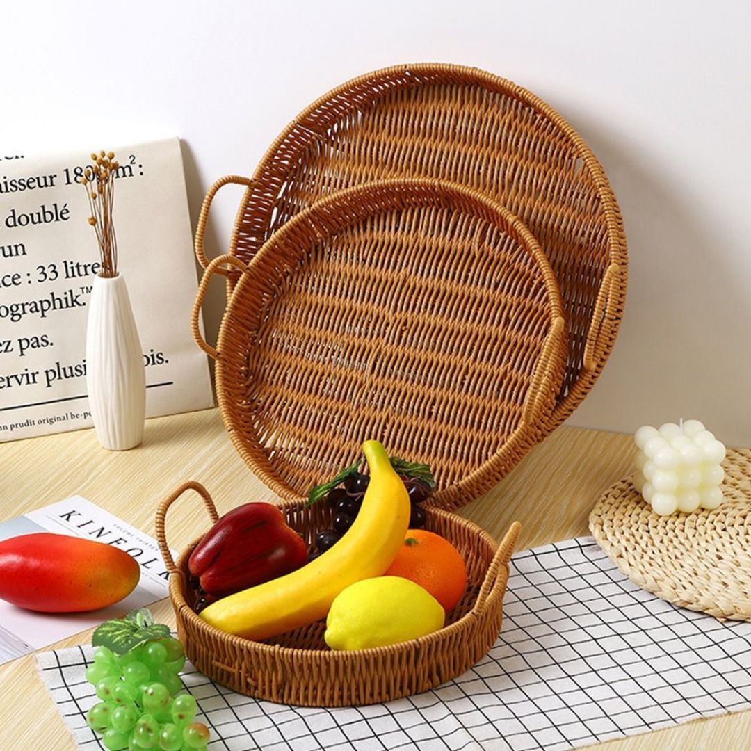 3PCS Hand-Woven Round Rattan Serving Tray with Handles - Rustic Wicker Basket