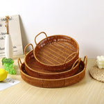 3PCS Hand-Woven Round Rattan Serving Tray with Handles - Rustic Wicker Basket