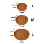 3PCS Hand-Woven Round Rattan Serving Tray with Handles - Rustic Wicker Basket