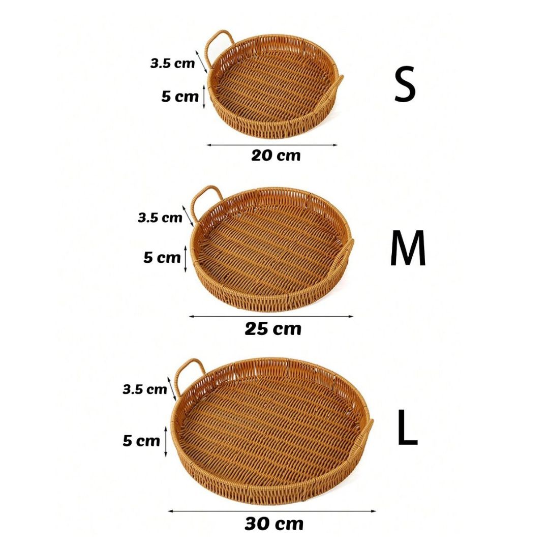 3PCS Hand-Woven Round Rattan Serving Tray with Handles - Rustic Wicker Basket