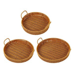3PCS Hand-Woven Round Rattan Serving Tray with Handles - Rustic Wicker Basket