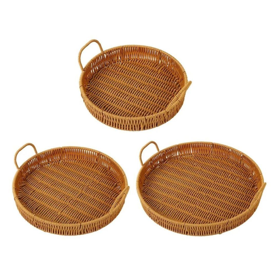 3PCS Hand-Woven Round Rattan Serving Tray with Handles - Rustic Wicker Basket