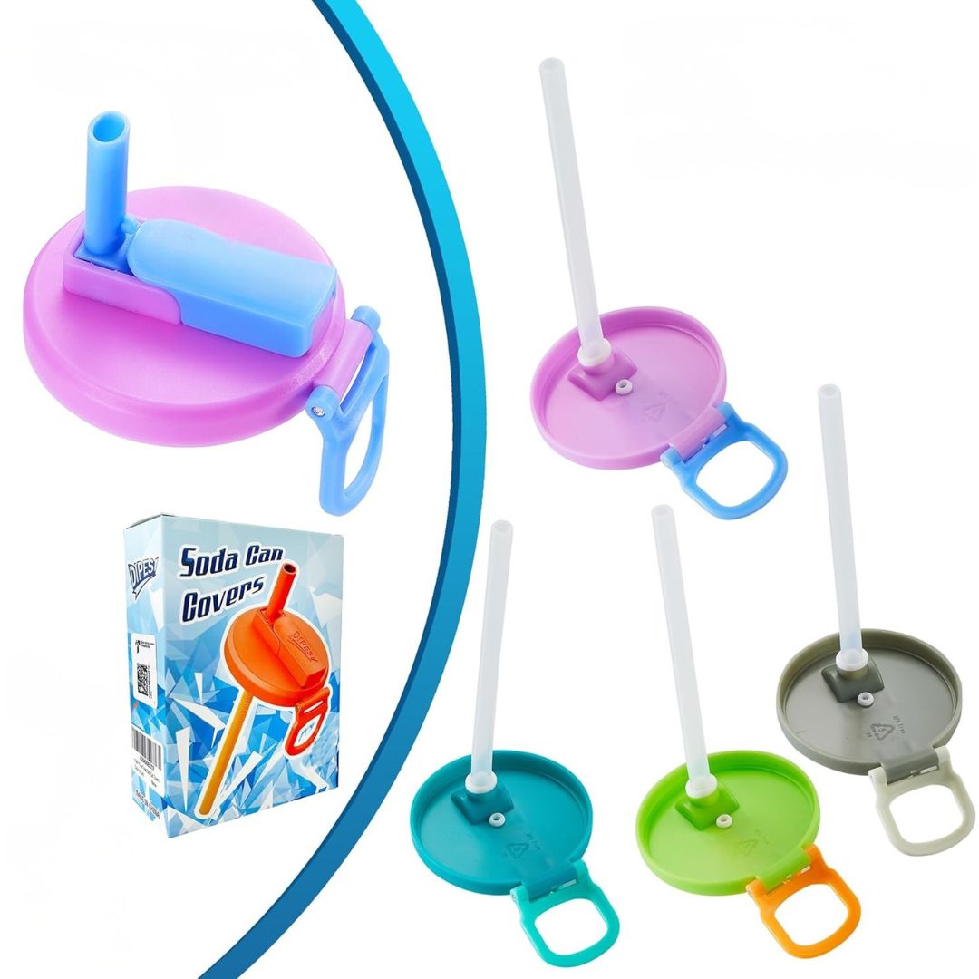 Soda Can Lids Covers With Silicone Straw BPA-Free Reusable For Canned Beverages