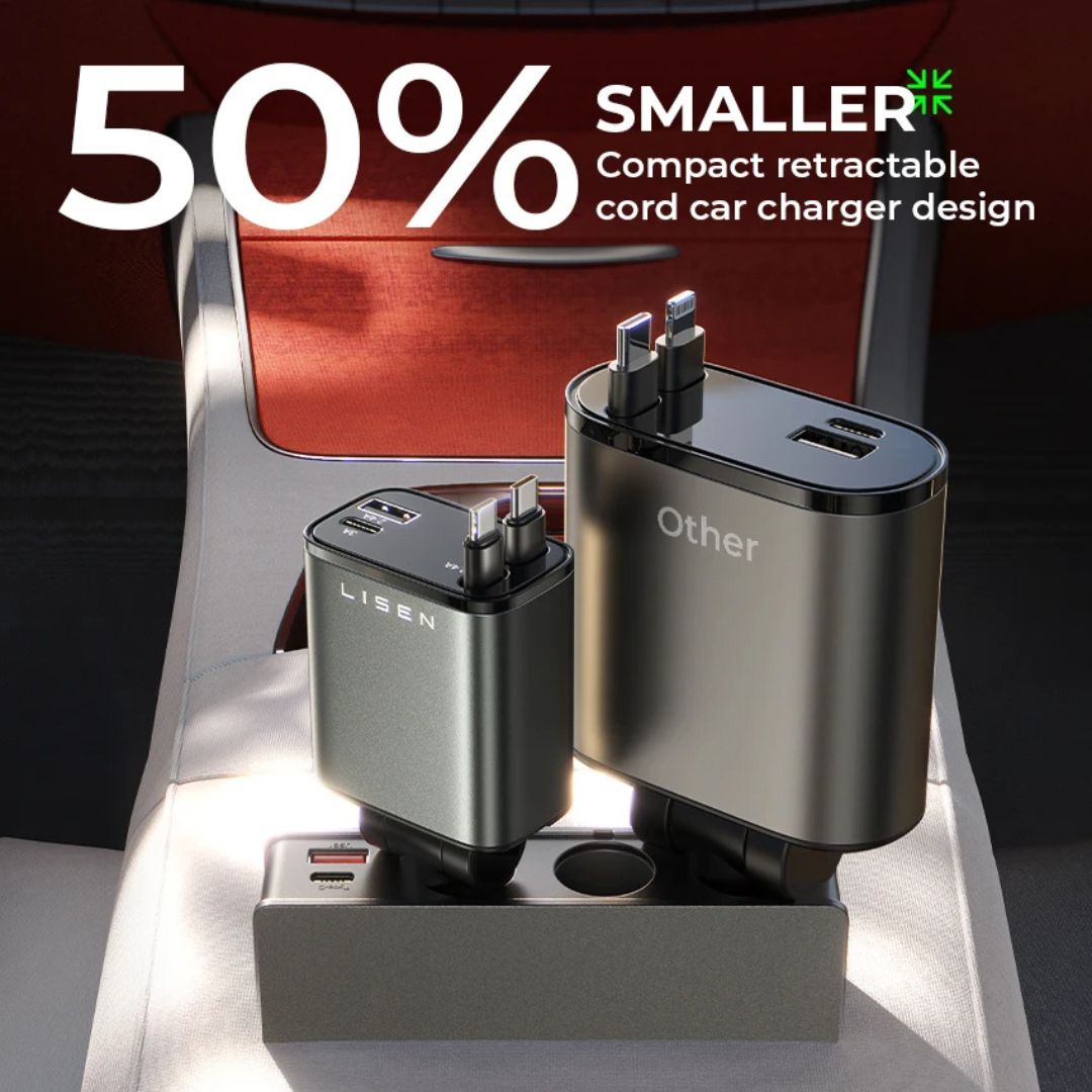 Lisen 4 in 1 Retractable 100W Dual Car Phone Charger