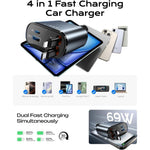 Lisen 4 in 1 Retractable 100W Dual Car Phone Charger
