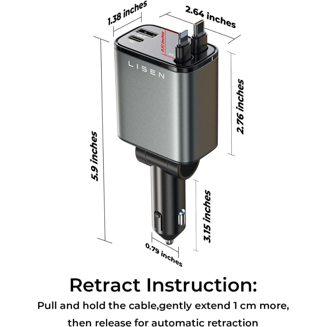 Lisen 4 in 1 Retractable 100W Dual Car Phone Charger