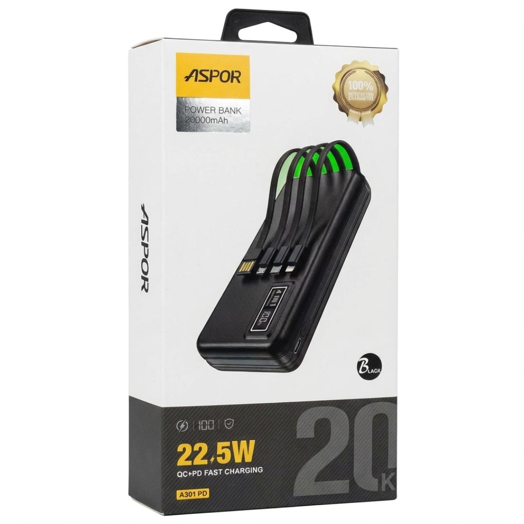 Aspor Power Bank 4 Built-In Cables Portable Fast Charging 20000mAh