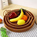 3PCS Hand-Woven Round Rattan Serving Tray with Handles - Rustic Wicker Basket