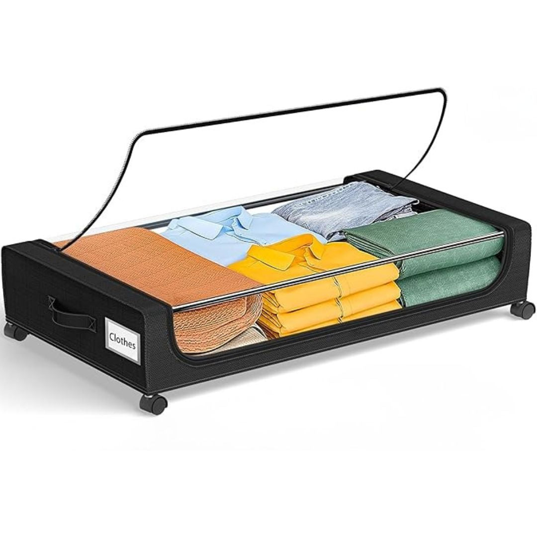 48L Under Bed Storage Fabric Containers With Metal Frame Transparent Lid & Wheels