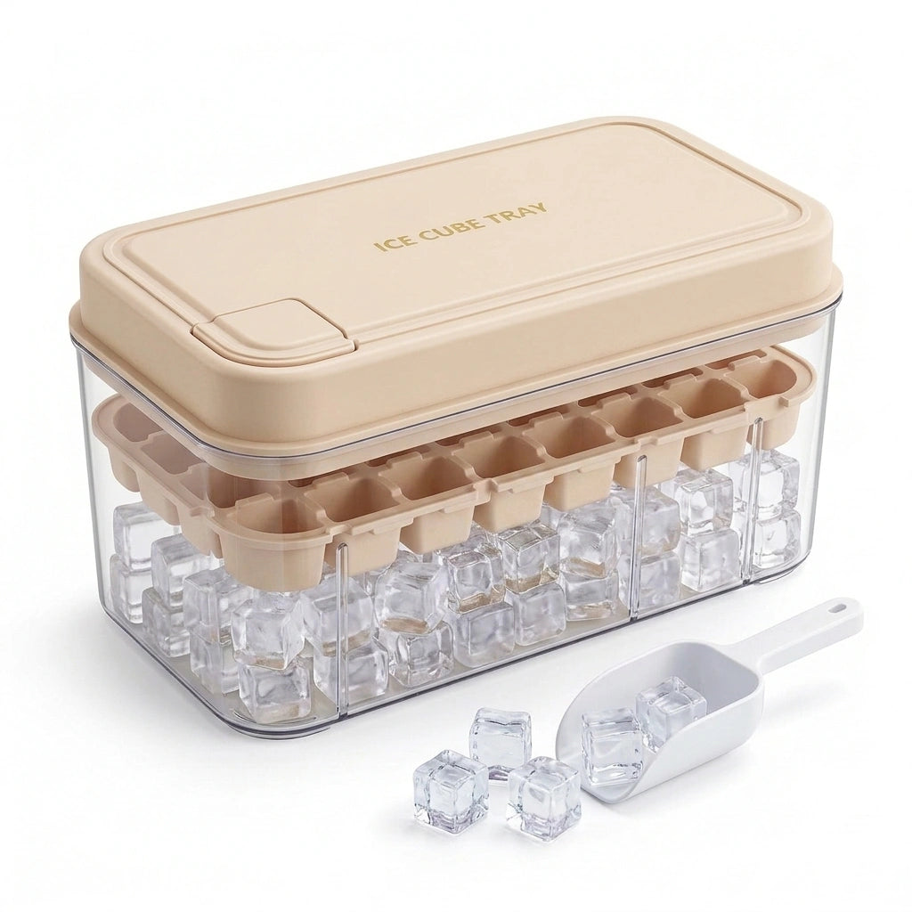 Ice Cube Maker Press Release Tray 32 Cavities With Scoop & Lid