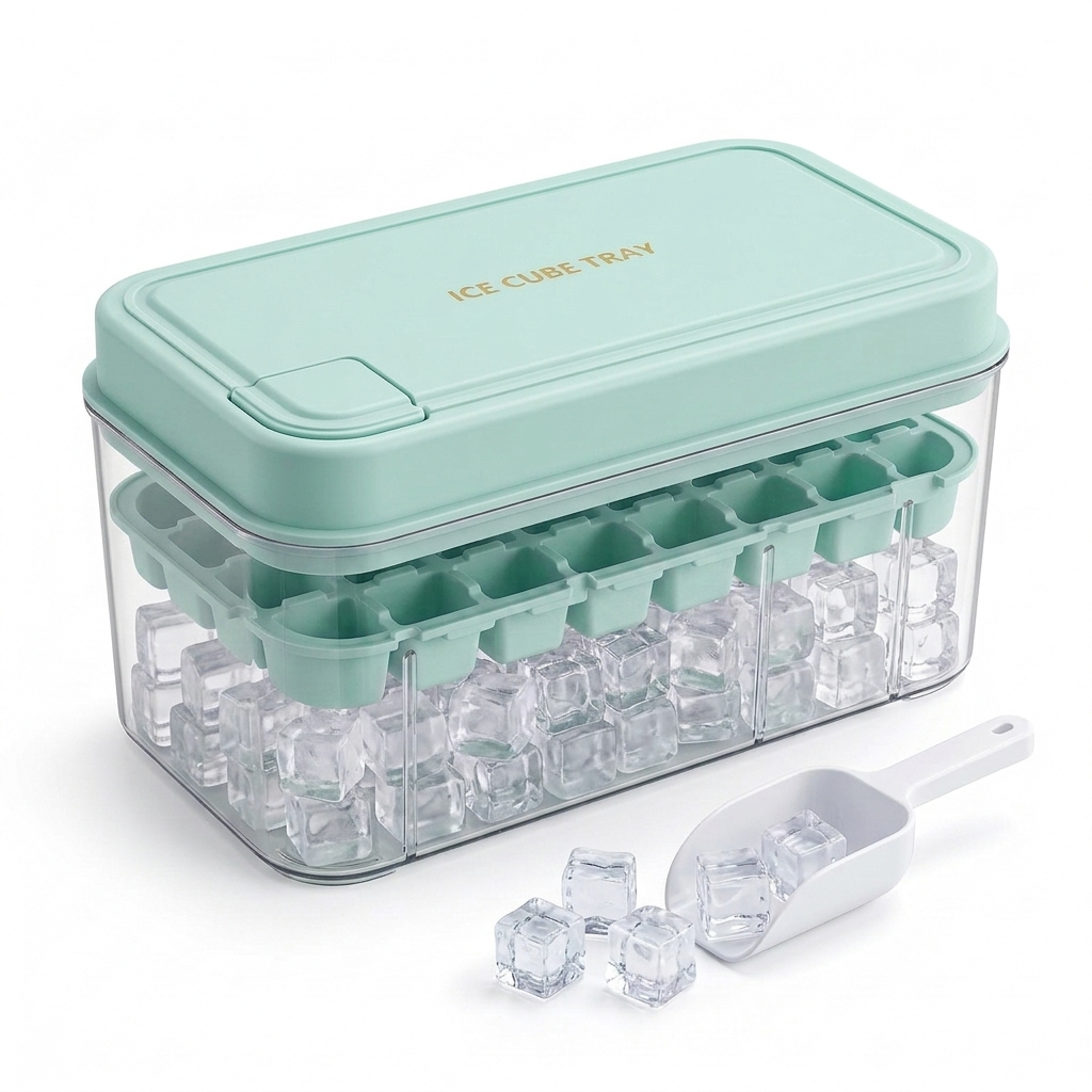 Ice Cube Maker Press Release Tray 32 Cavities With Scoop & Lid