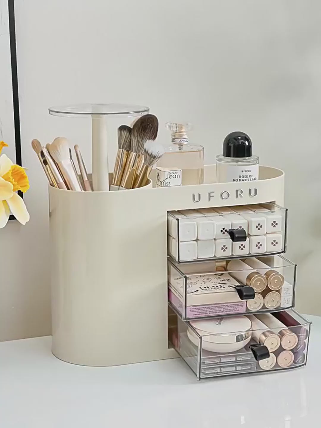UFORU Makeup Organizer With Pop-Up Brush Holder And 3 Drawers